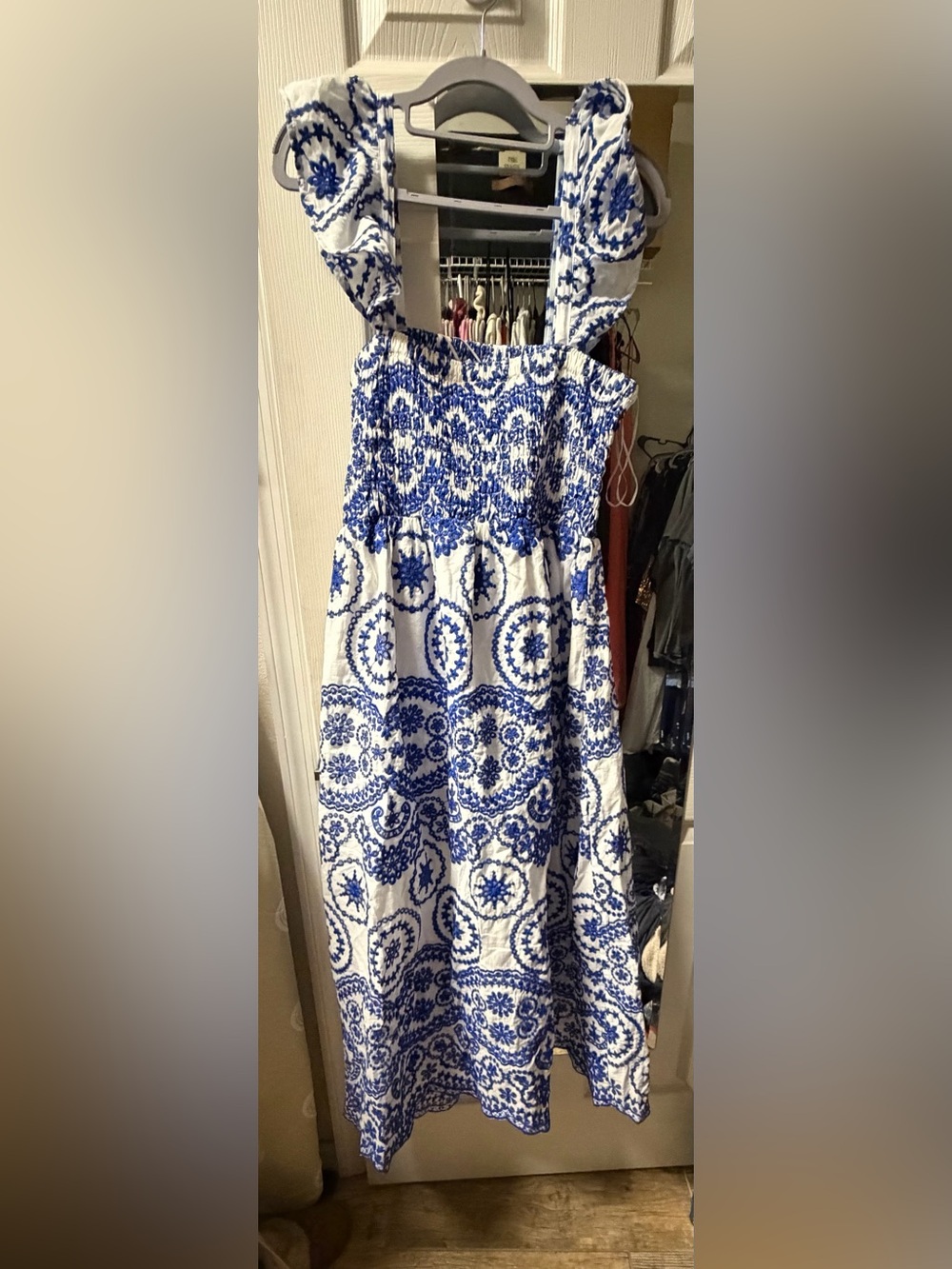 Blue & White Smocked Waist Maxi Skirt